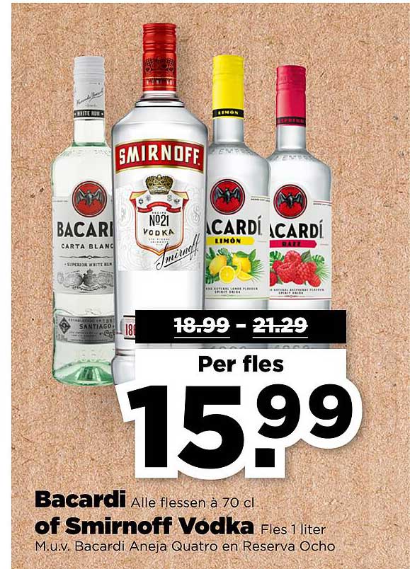 Bacardi Alle flessen à 70 cl of Smirnoff Vodka Fles 1 liter