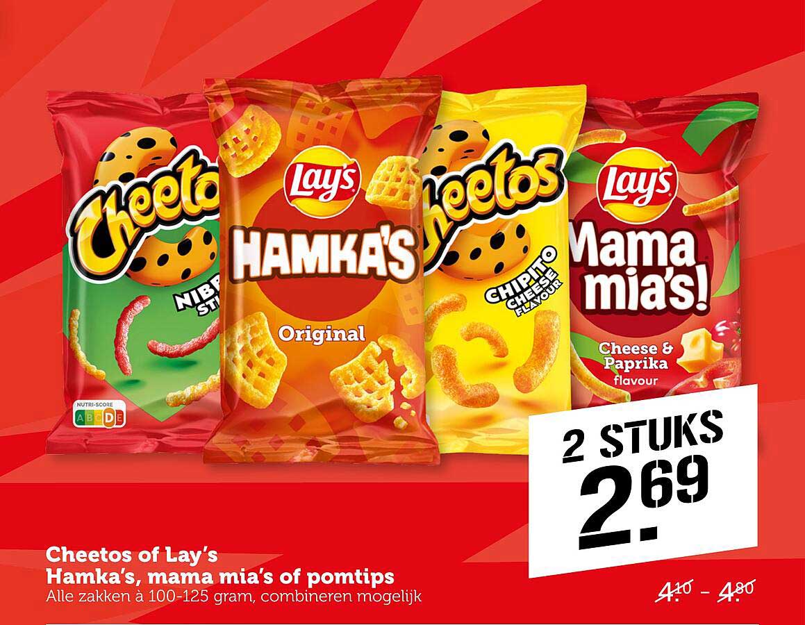 Cheetos of Lay's Hamka's, mama mia's of pomtips