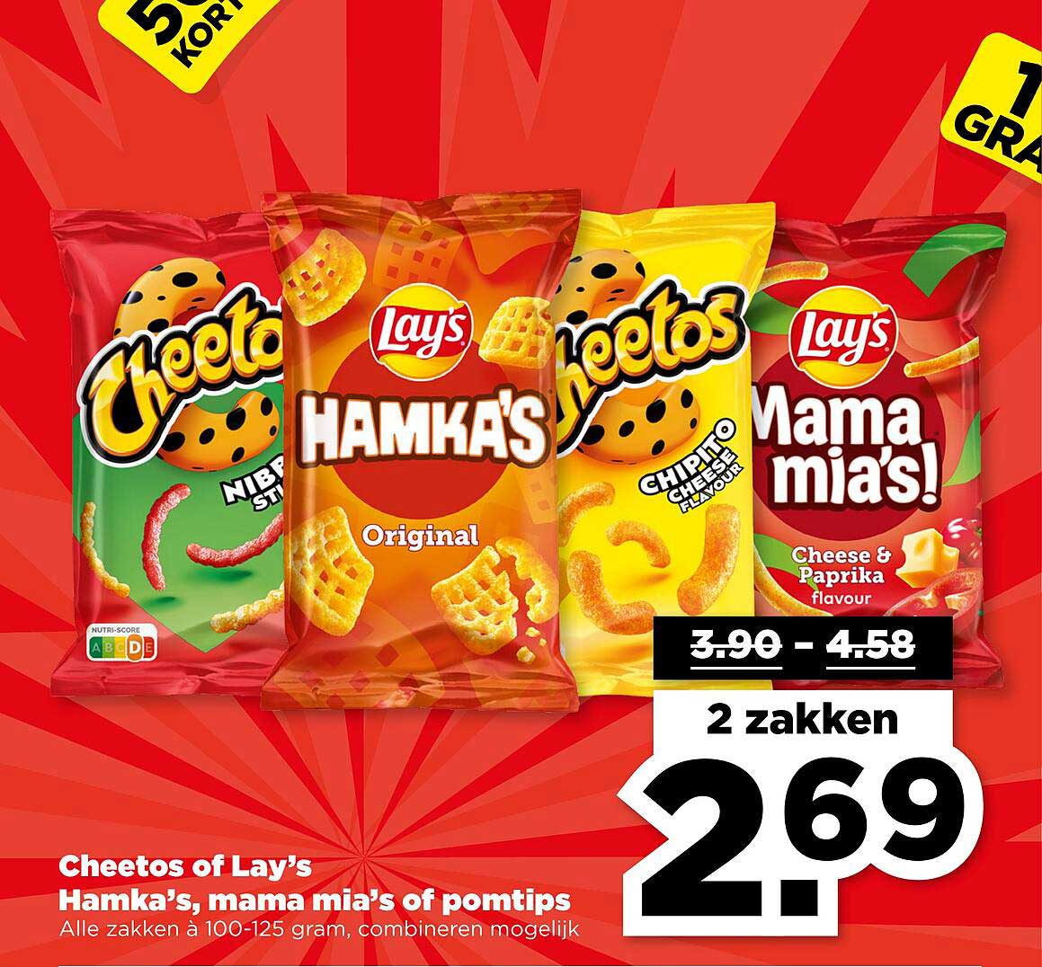 Cheetos of Lay's Hamka's, mama mia's of pomtips