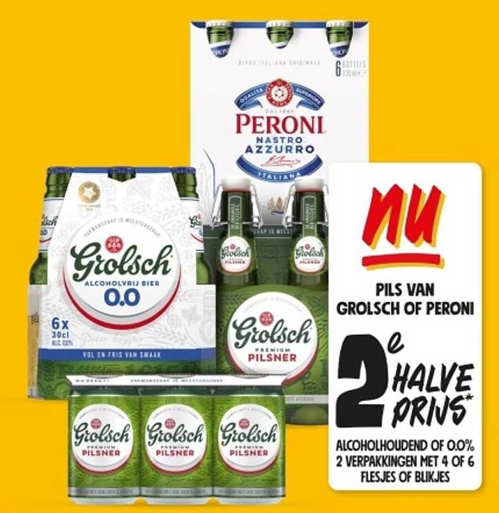 Grolsch 0.0 of Peroni 2e halve prijs