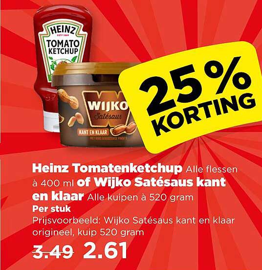 Heinz Tomatenketchup Alle flessen à 400 ml of Wijko Satésaus kant en klaar