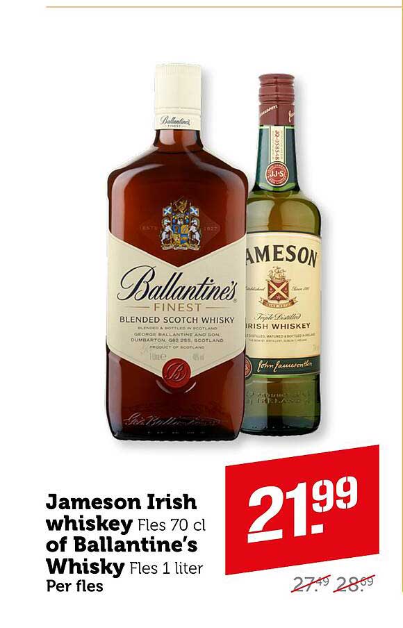 Jameson Irish whiskey Fles 70 cl of Ballantine's Whisky Fles 1 liter