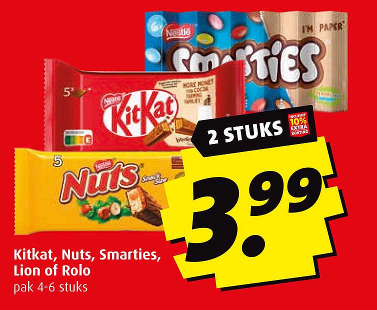 Kitkat, Nuts, Smarties, Lion of Rolo