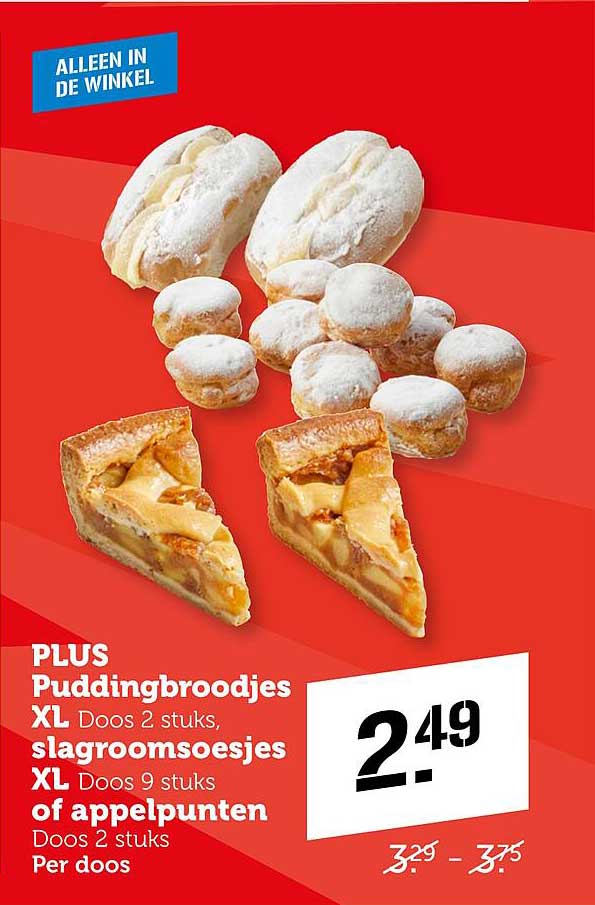 PLUS Puddingbroodjes XL Doos 2 stuks, slagroomsoesjes XL Doos 9 stuks of appelpunten Doos 2 stuks