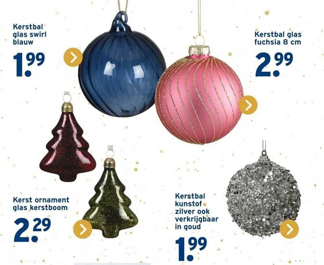 Kerstbal glas swirl blauw  
Kerstbal glas fuchsia 8 cm  
Kerst ornament glas kerstboom  
Kerstbal kunststof zilver ook verkrijgbaar in goud  