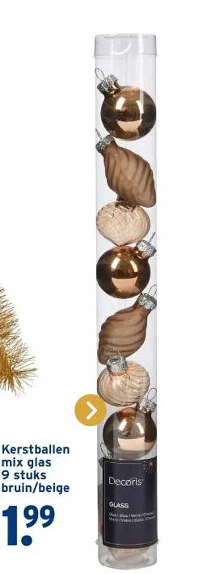 Kerstballen mix glas 9 stuks bruin/beige