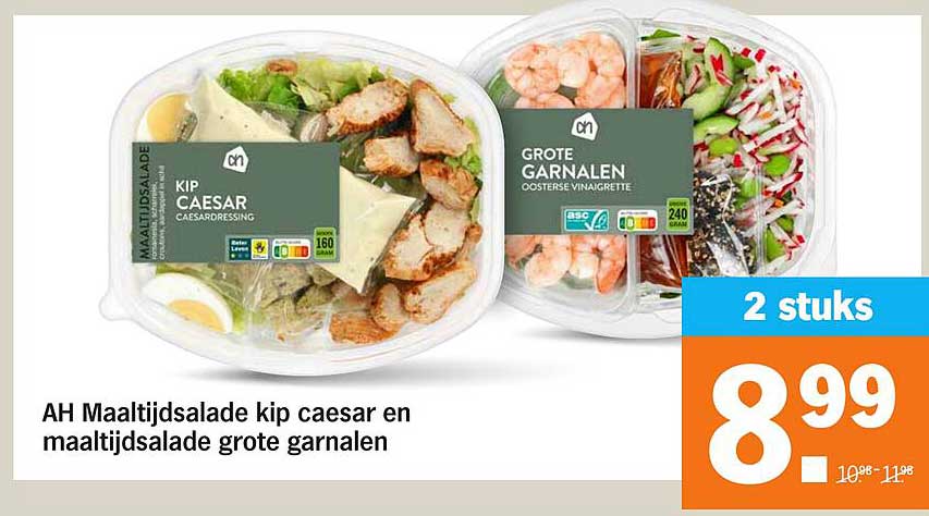 AH Maaltijdsalade kip caesar en maaltijdsalade grote garnalen