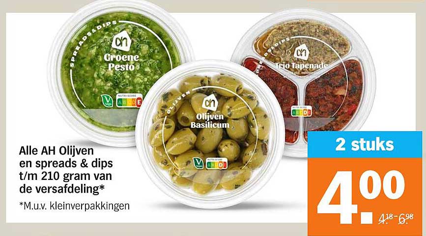 Alle AH Olijven en spreads & dips t/m 210 gram van de versafdeling