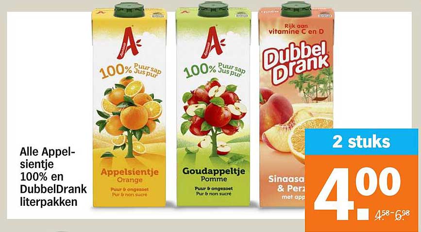 Alle Appelsientje 100% en DubbelDrank literpakken