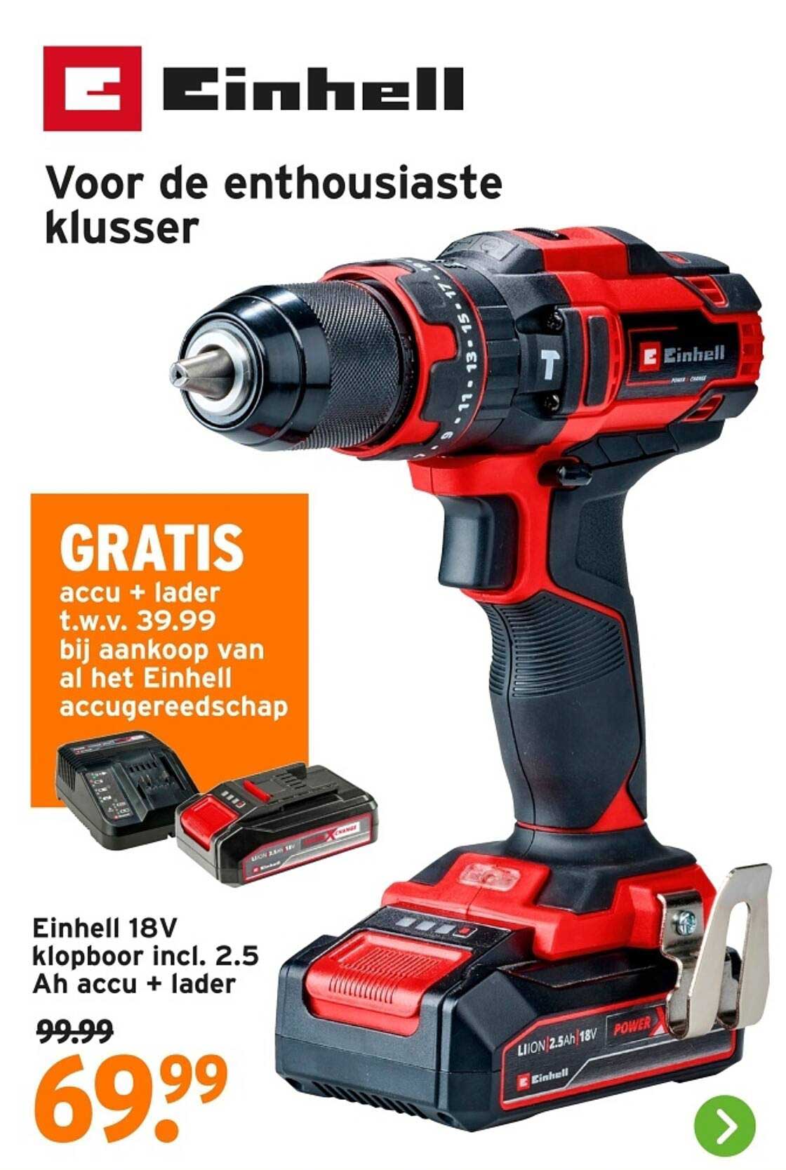 Einhell 18V klopboor incl. 2.5 Ah accu + lader