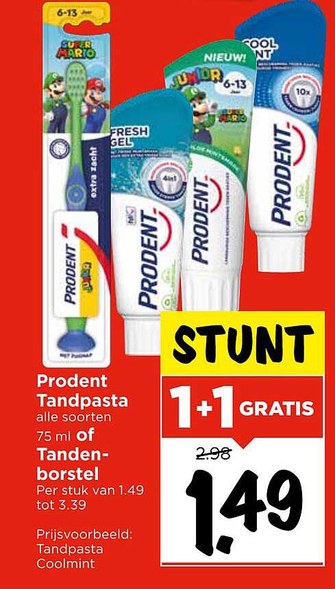 Prodent Tandpasta alle soorten 75 ml of Tandenborstel 1+1 GRATIS