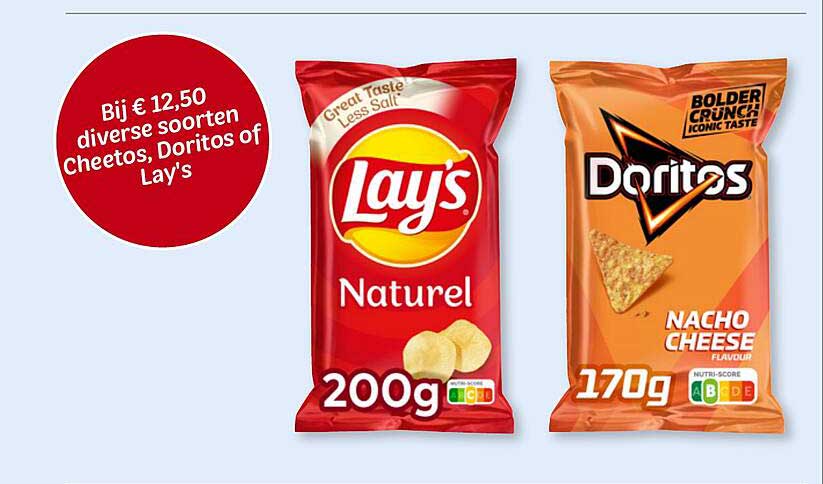 Bij € 12,50 diverse soorten Cheetos, Doritos of Lay's