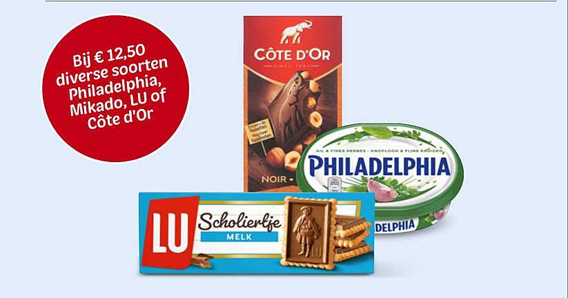 Bij € 12,50 diverse soorten Philadelphia, Mikado, LU of Côte d'Or