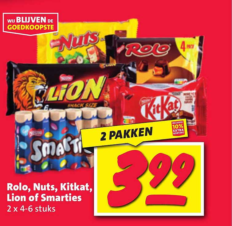 Rolo, Nuts, Kitkat, Lion of Smarties