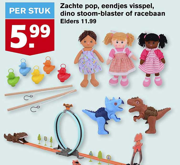 Zachte pop, eendjes visspel, dino stoom-blaster of racebaan