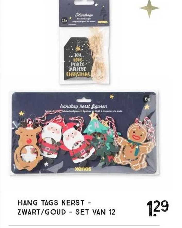 HANG TAGS KERST - ZWART/GOUD - SET VAN 12