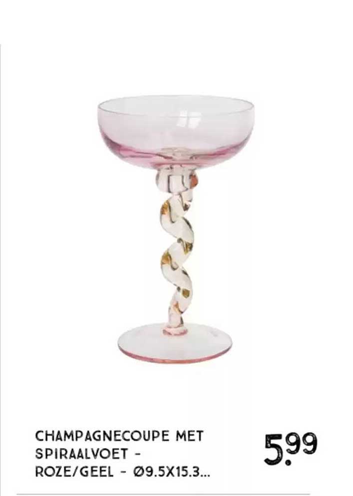 CHAMPAGNECOUPE MET SPIRAALVOET - ROZE/GEEL