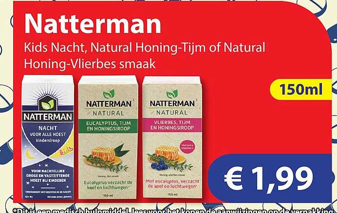 Natterman Kids Nacht, Natural Honing-Tijm of Natural Honing-Vlierbes smaak