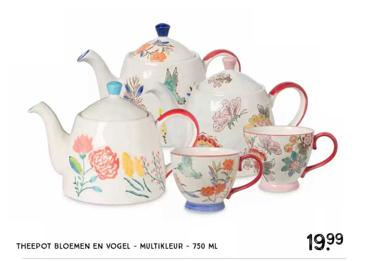 THEEPOT BLOEMEN EN VOGEL - MULTIKLEUR