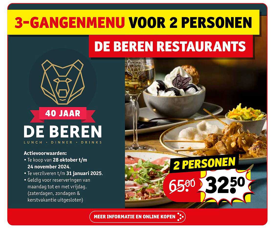 3-GANGENMENU VOOR 2 PERSONEN  
DE BEREN RESTAURANTS  