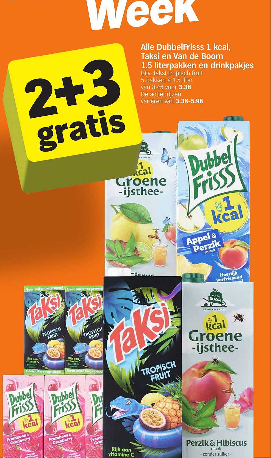 Alle DubbelFrisss 1 kcal, Taksi en Van de Boom 1.5 literpakken en drinkpakjes