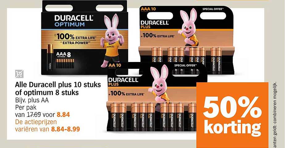 Alle Duracell plus 10 stuks of optimum 8 stuks