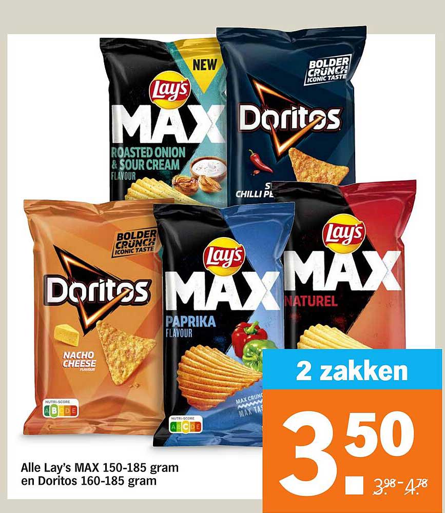 Alle Lay's MAX 150-185 gram en Doritos 160-185 gram