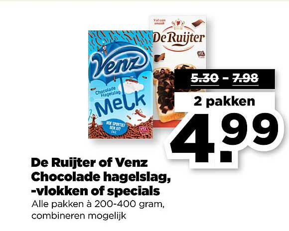 De Ruijter of Venz Chocolade hagelslag, -vlokken of specials