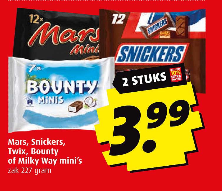 Mars, Snickers, Twix, Bounty of Milky Way mini's