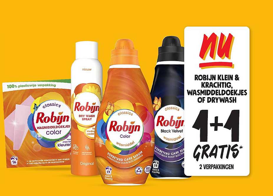 ROBIJN KLEIN & KRACHTIG, WASMIDDELDOEKJES OF DRYWASH 1+1 GRATIS*