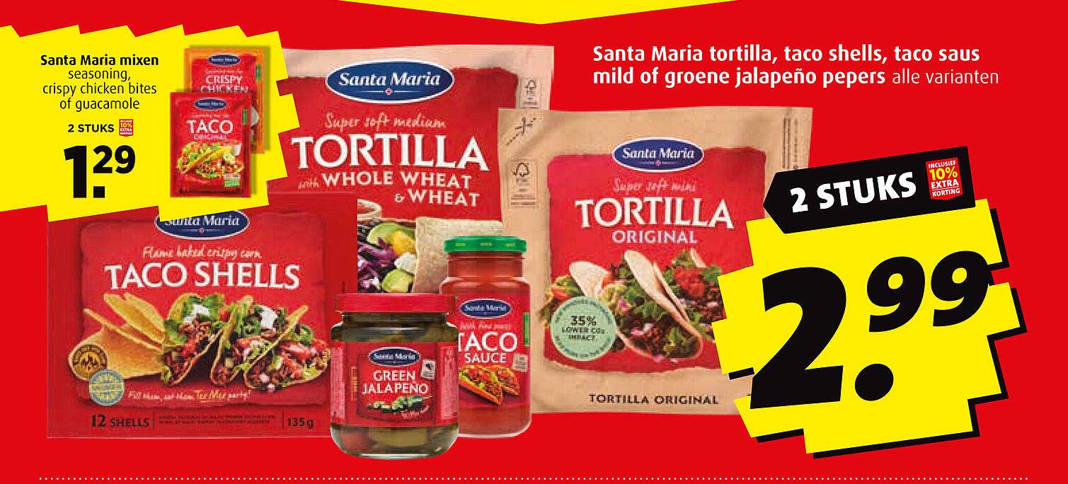 Santa Maria tortilla, taco shells, taco saus mild of groene jalapeño pepers alle varianten