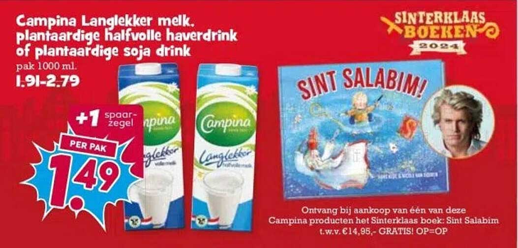 Campina Langlekker melk, plantaardige halfvolle haverdrink of plantaardige soja drink