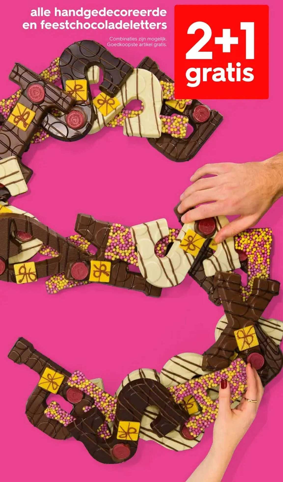 alle handgedecoreerde en feestchocoladeletters 2+1 gratis