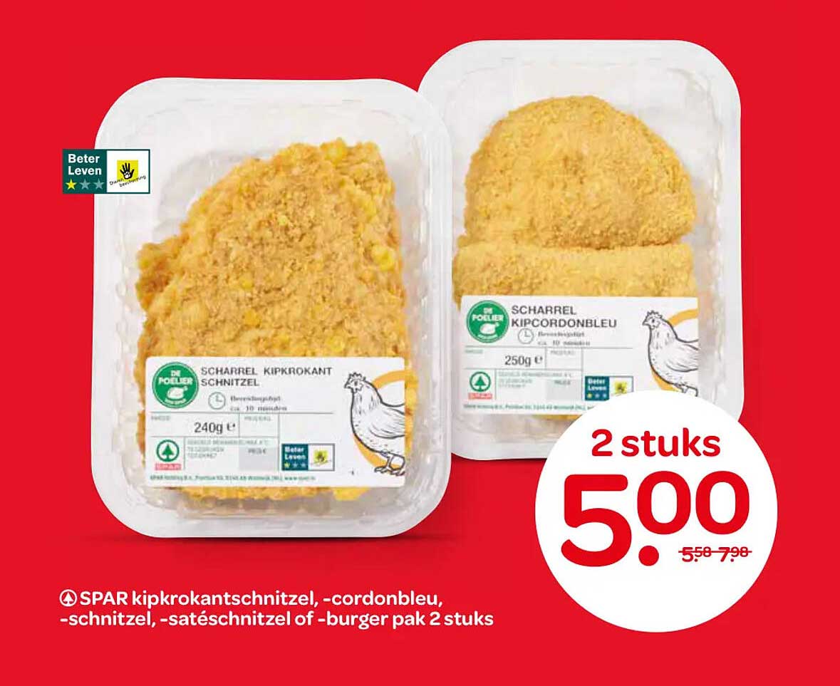 SPAR kipkrokantschnitzel, -cordonbleu, -schnitzel, -satéschnitzel of -burger pak 2 stuks