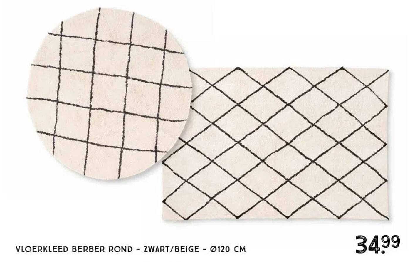 Vloerkleed Berber Rond - Zwart/Beige - Ø120 CM