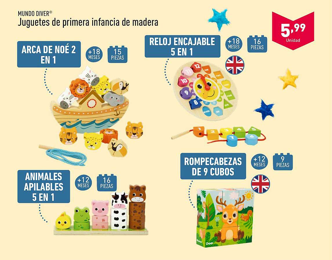 Arca de Noé 2 en 1  
Reloj encajable 5 en 1  
Animales apilables 5 en 1  
Rompecabezas de 9 cubos  