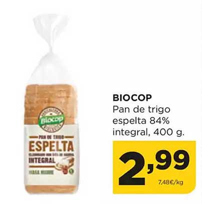 BIOCOP  
Pan de trigo espelta 84% integral, 400 g.