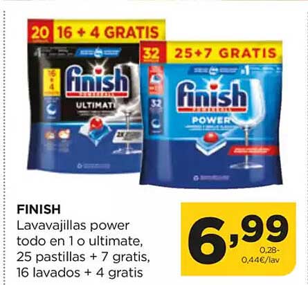 Finish Lavavajillas power todo en 1 o ultimate, 25 pastillas + 7 gratis, 16 lavados + 4 gratis