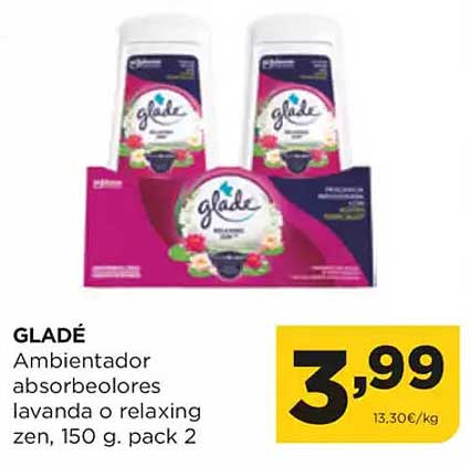 GLADÉ Ambientador absorbeblores lavanda o relaxing zen, 150 g. pack 2