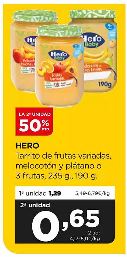 HERO Tarrito de frutas variadas, melocotón y plátano o 3 frutas