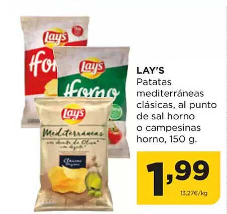 LAY’S Patatas mediterráneas clásicas, al punto de sal horno o campesinas horno, 150 g.