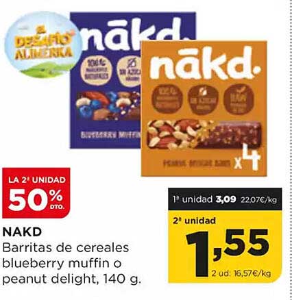 NAKD  
Barritas de cereales blueberry muffin o peanut delight