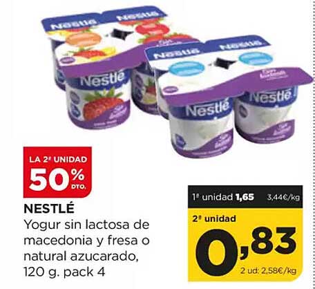 NESTLÉ Yogur sin lactosa de macedonia y fresa o natural azucarado, 120 g. pack 4