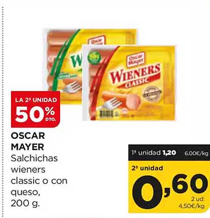 OSCAR MAYER  
Salchichas wieners classic o con queso  