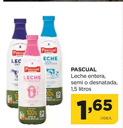 PASCUAL Leche entera, semi o desnatada, 1,5 litros