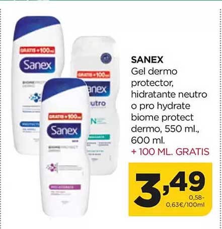 SANEX Gel dermo protector, hidratante neutro o pro hydrate bioma protect dermo, 550 ml., 600 ml.