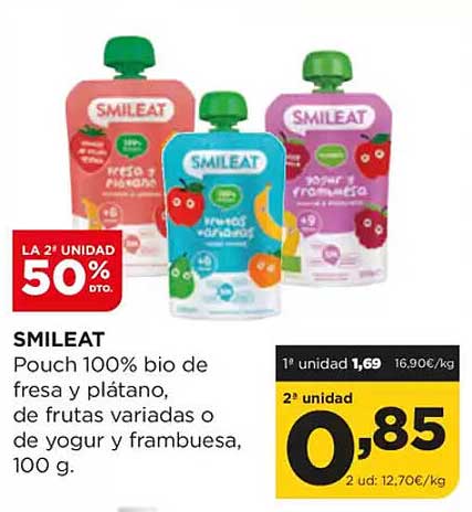 SMILEAT Pouch 100% bio de fresa y plátano, de frutas variadas o de yogur y frambuesa, 100 g.