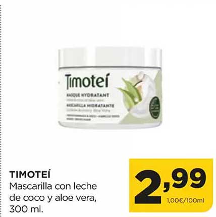 TIMOTEÍ  
Mascarilla con leche de coco y aloe vera, 300 ml.