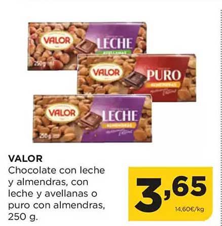 VALOR Chocolate con leche y almendras, con leche y avellanas o puro con almendras, 250 g.