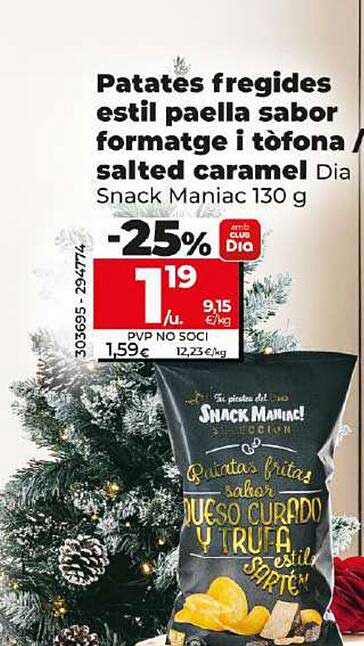 Patates fregides estil paella sabor formatge i tòfona / salted caramel Dia Snack Maniac 130 g